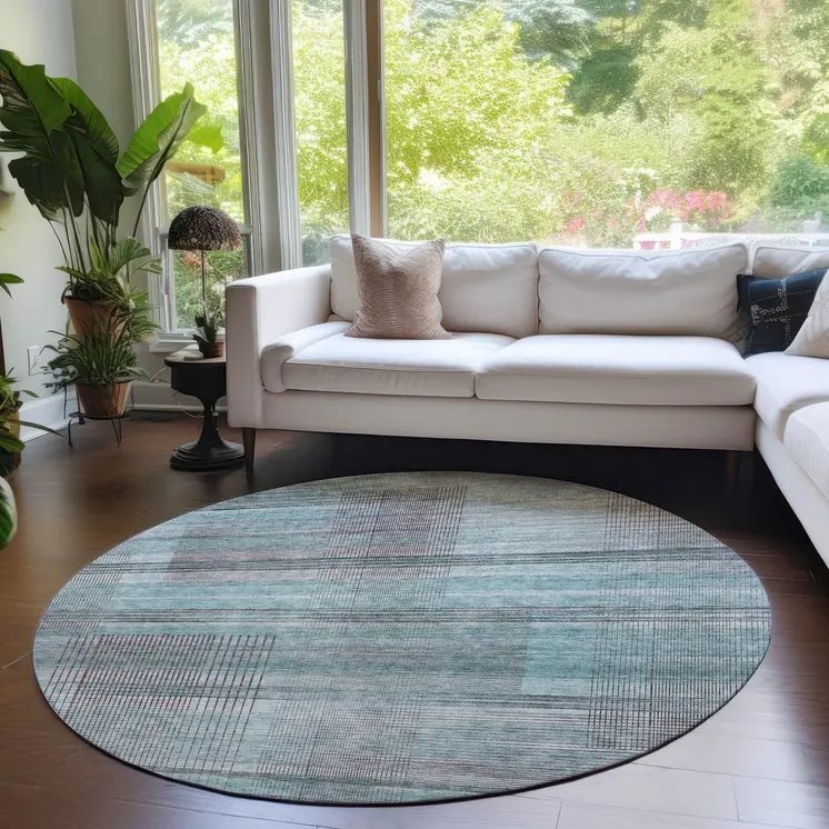 8' Teal Blue Gray And Charcoal Round Striped Washable Indoor Outdoor Area Rug