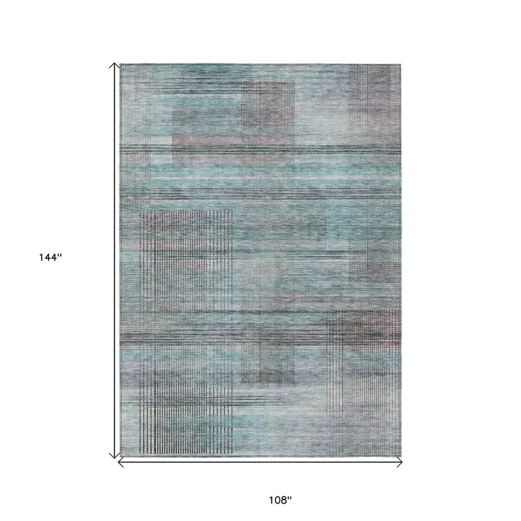 9' X 12' Teal Blue Gray And Charcoal Striped Washable Indoor Outdoor Area Rug