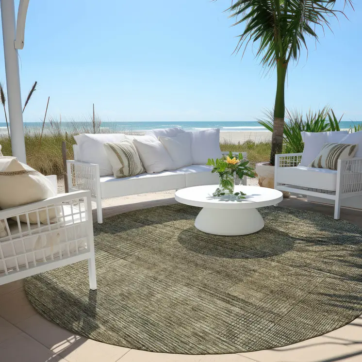 8' Brown Beige And Taupe Round Striped Washable Indoor Outdoor Area Rug
