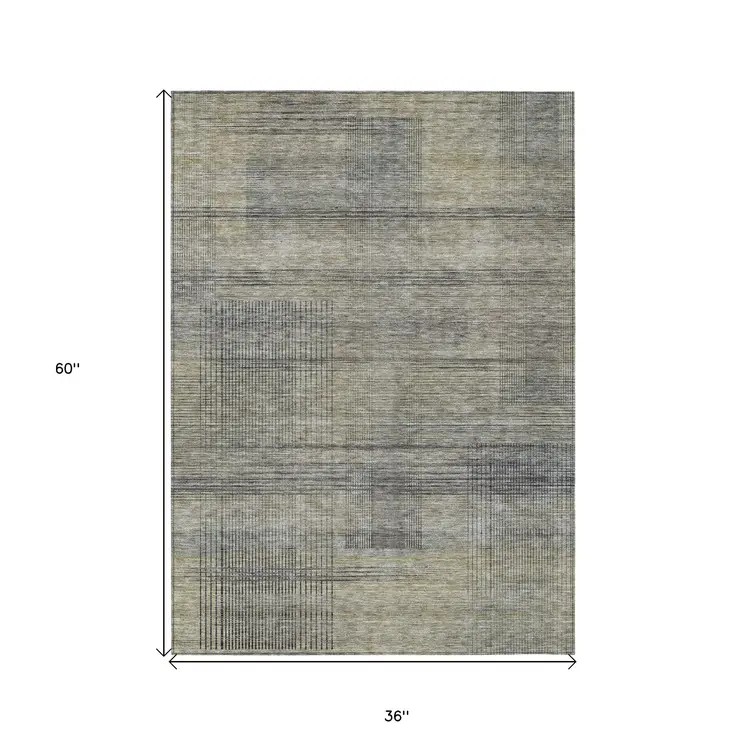 3' X 5' Khaki Beige And Gray Striped Washable Indoor Outdoor Area Rug