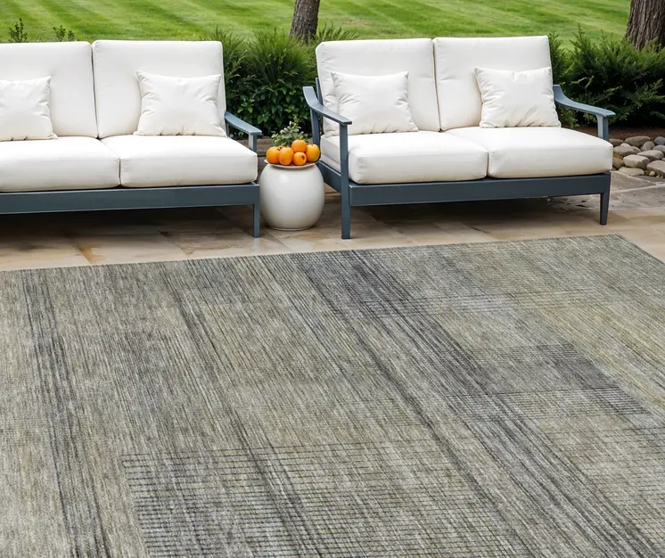 10' X 14' Khaki Beige And Gray Striped Washable Indoor Outdoor Area Rug