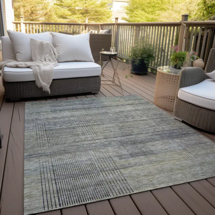 10' X 14' Khaki Beige And Gray Striped Washable Indoor Outdoor Area Rug