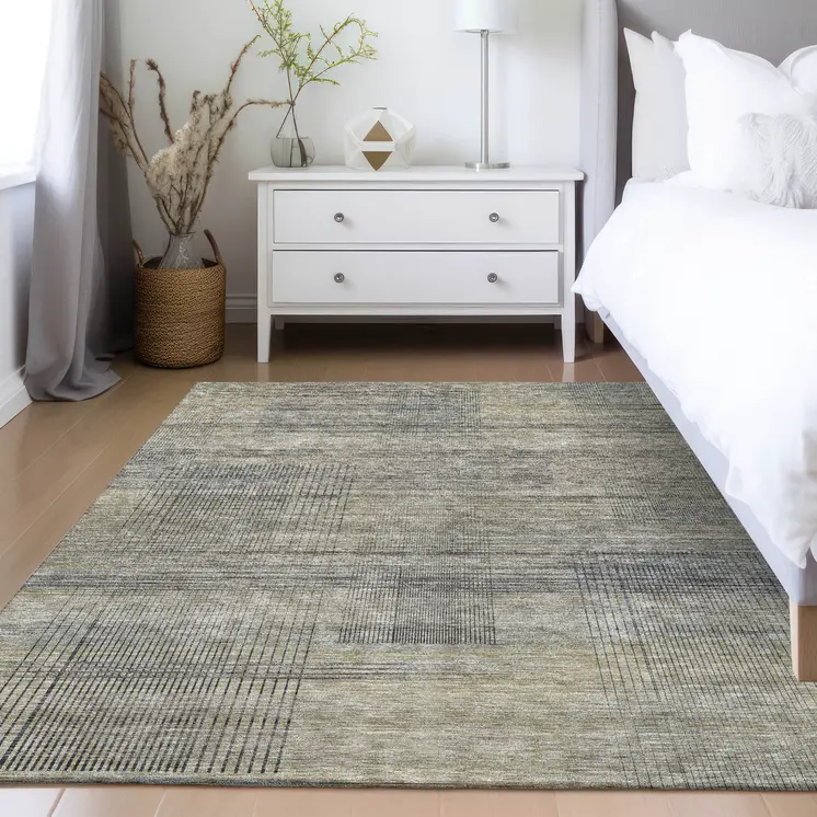 10' X 14' Khaki Beige And Gray Striped Washable Indoor Outdoor Area Rug