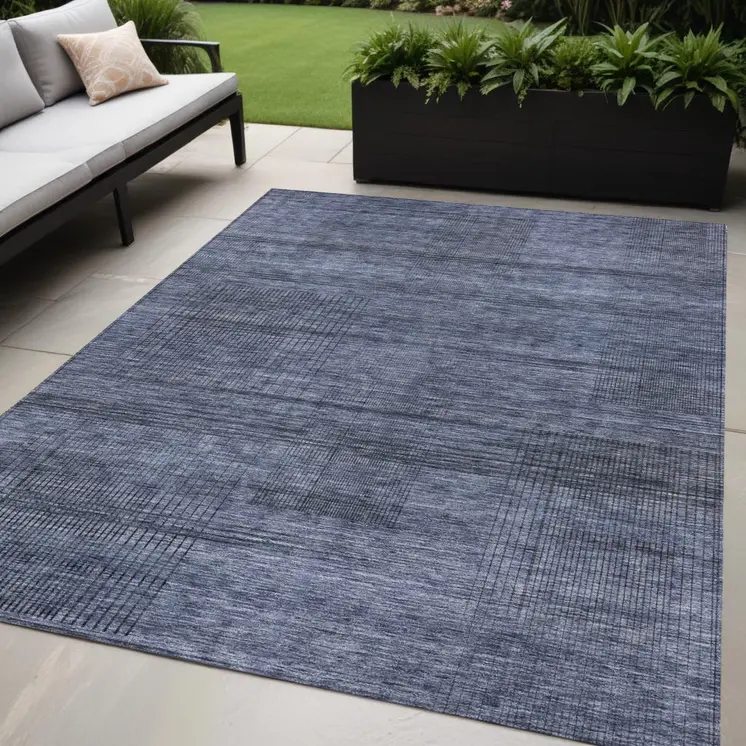 5' X 8' Navy Blue And Gray Striped Washable Indoor Outdoor Area Rug