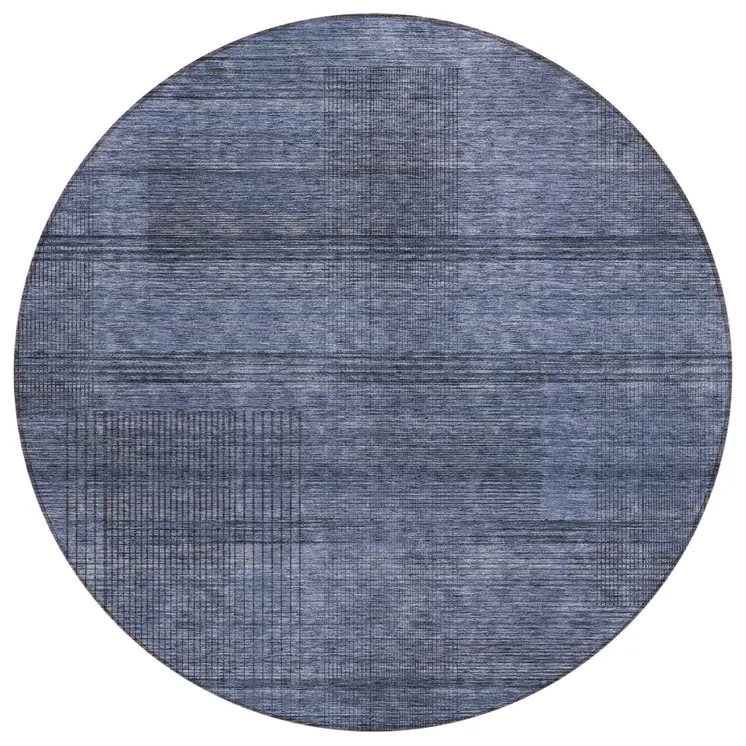 8' Navy Blue And Gray Round Striped Washable Indoor Outdoor Area Rug