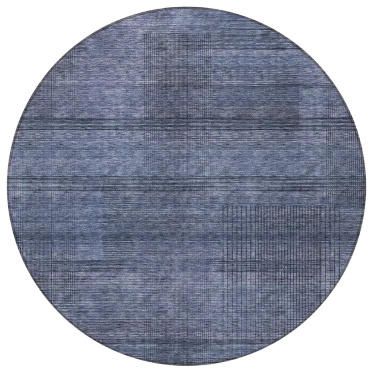 8' Navy Blue And Gray Round Striped Washable Indoor Outdoor Area Rug