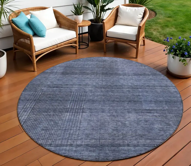 8' Navy Blue And Gray Round Striped Washable Indoor Outdoor Area Rug