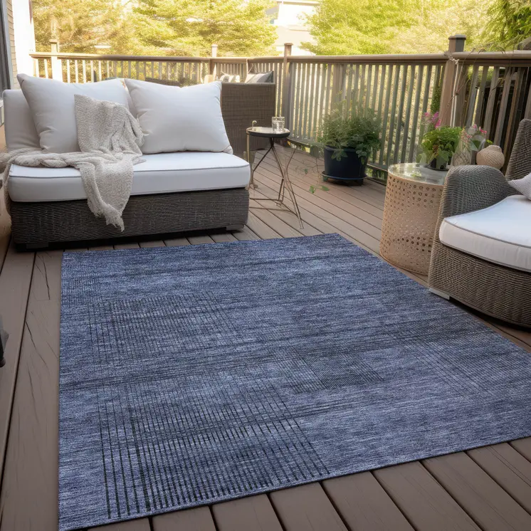 10' X 14' Navy Blue And Gray Striped Washable Indoor Outdoor Area Rug