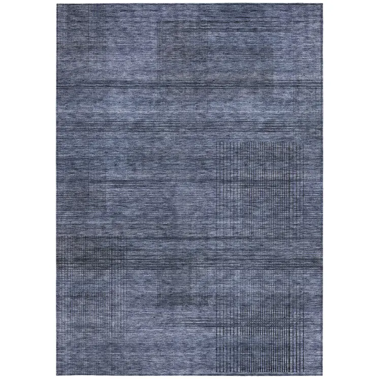 10' X 14' Navy Blue And Gray Striped Washable Indoor Outdoor Area Rug
