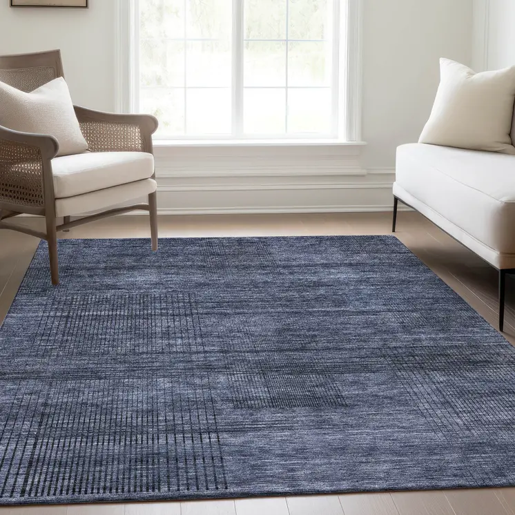 10' X 14' Navy Blue And Gray Striped Washable Indoor Outdoor Area Rug