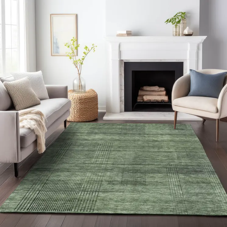 5' X 8' Olive Green And Gray Striped Washable Indoor Outdoor Area Rug