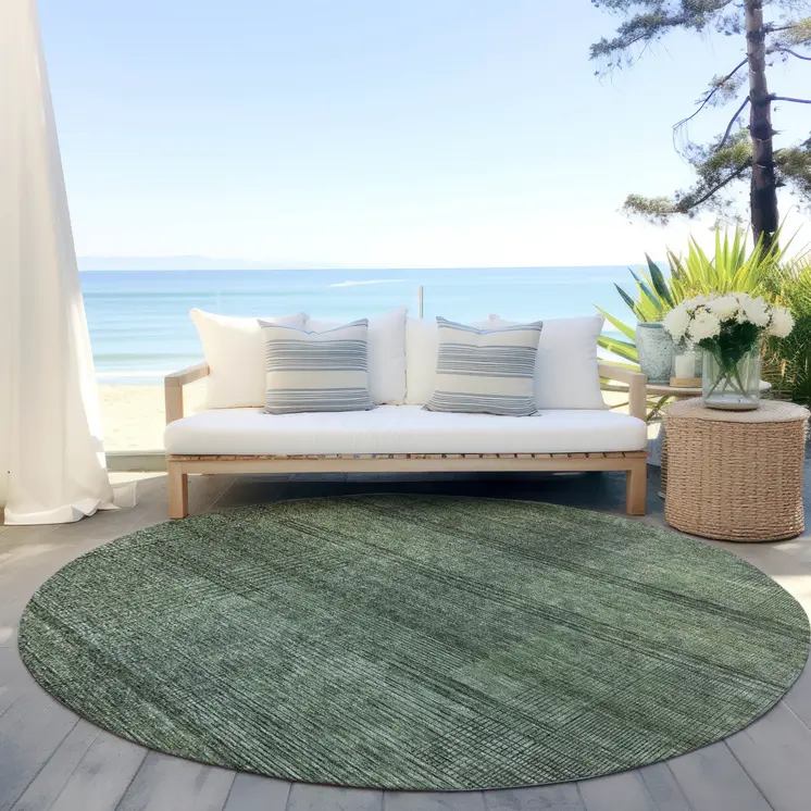 8' Olive Green And Gray Round Striped Washable Indoor Outdoor Area Rug
