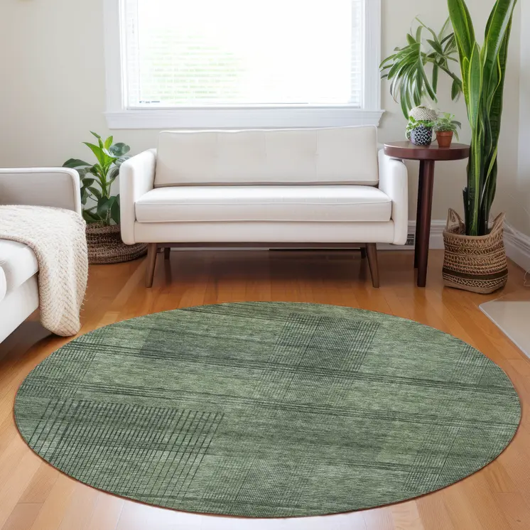 8' Olive Green And Gray Round Striped Washable Indoor Outdoor Area Rug