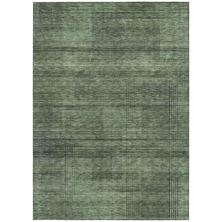 9' X 12' Olive Green And Gray Striped Washable Indoor Outdoor Area Rug