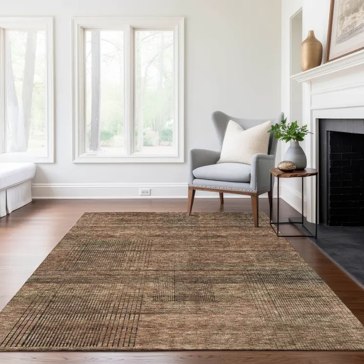 5' X 8' Orange Copper And Brown Striped Washable Indoor Outdoor Area Rug