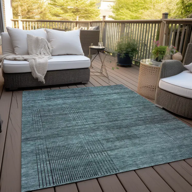 3' X 5' Teal Blue Aqua And Gray Striped Washable Indoor Outdoor Area Rug