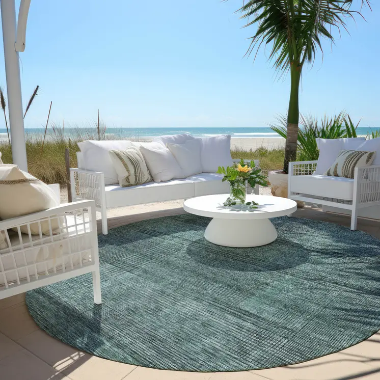 8' Teal Blue Aqua And Gray Round Striped Washable Indoor Outdoor Area Rug