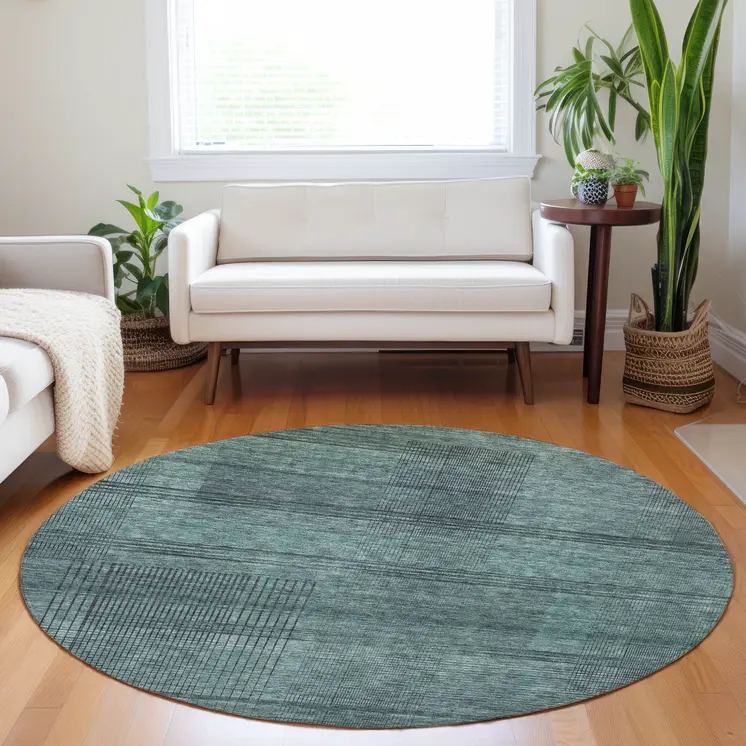 8' Teal Blue Aqua And Gray Round Striped Washable Indoor Outdoor Area Rug