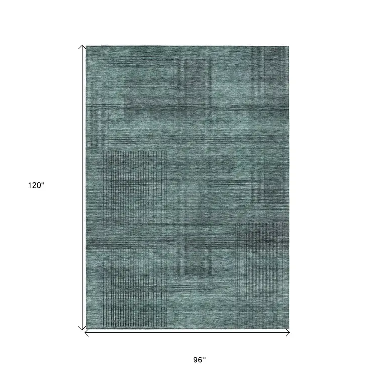 8' X 10' Teal Blue Aqua And Gray Striped Washable Indoor Outdoor Area Rug