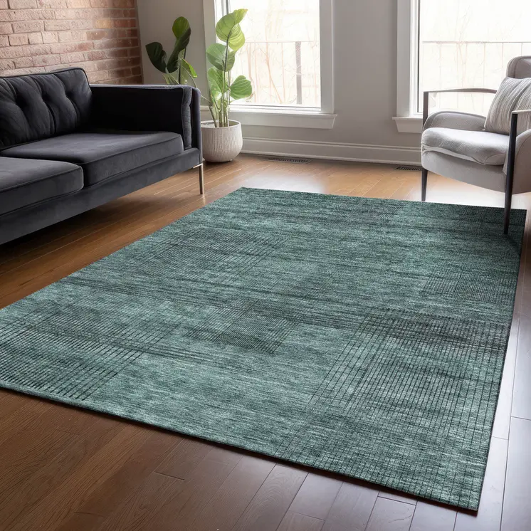 8' X 10' Teal Blue Aqua And Gray Striped Washable Indoor Outdoor Area Rug