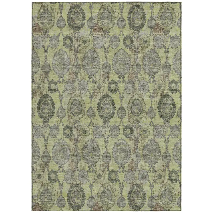3' X 5' Artichoke Green And Gray Damask Washable Indoor Outdoor Area Rug