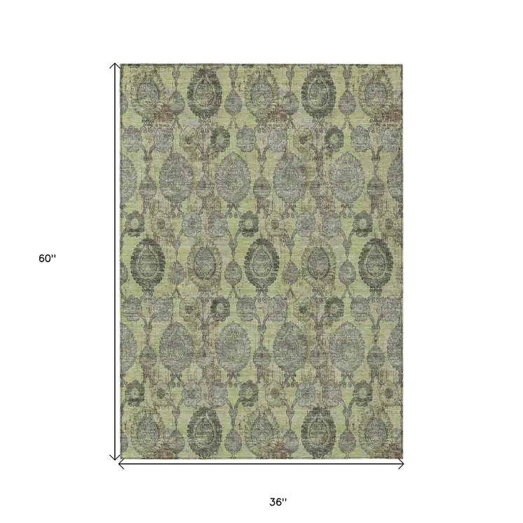 3' X 5' Artichoke Green And Gray Damask Washable Indoor Outdoor Area Rug