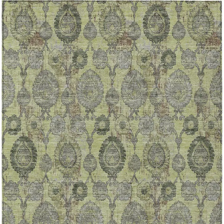 5' X 8' Artichoke Green And Gray Damask Washable Indoor Outdoor Area Rug