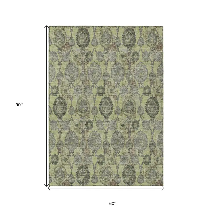 5' X 8' Artichoke Green And Gray Damask Washable Indoor Outdoor Area Rug
