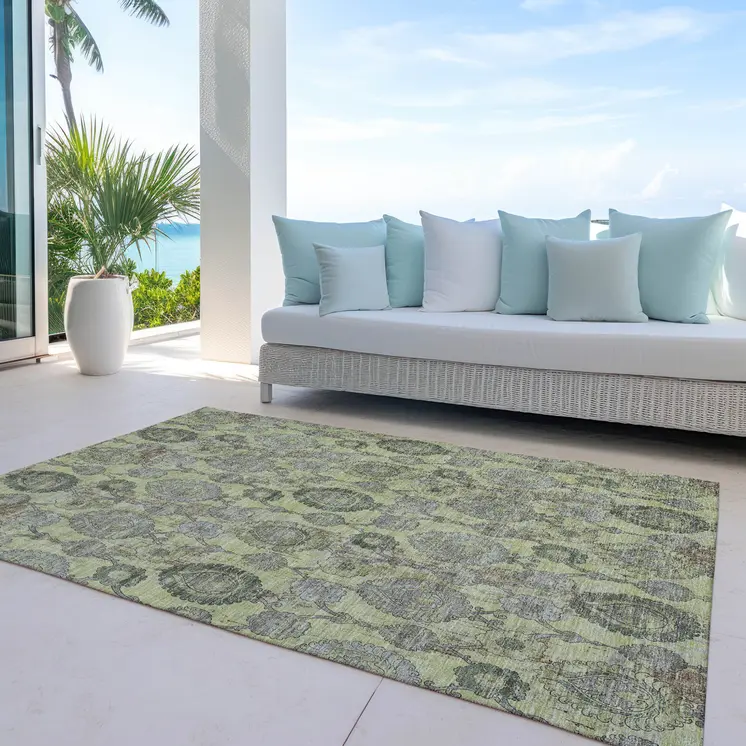 5' X 8' Artichoke Green And Gray Damask Washable Indoor Outdoor Area Rug