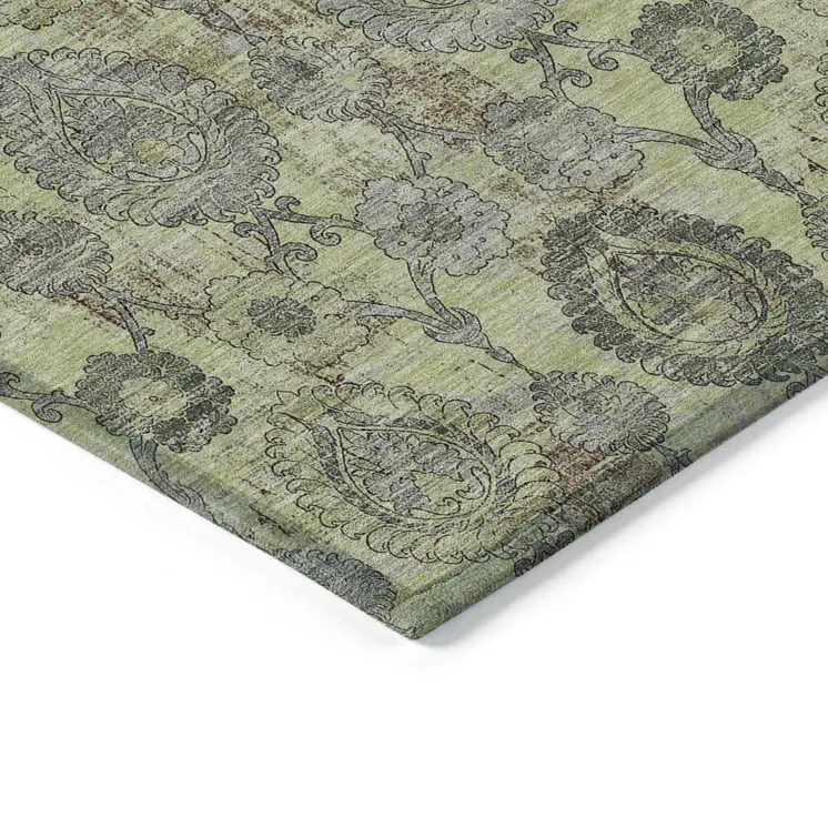 5' X 8' Artichoke Green And Gray Damask Washable Indoor Outdoor Area Rug