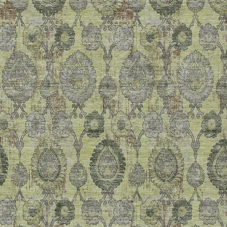 5' X 8' Artichoke Green And Gray Damask Washable Indoor Outdoor Area Rug