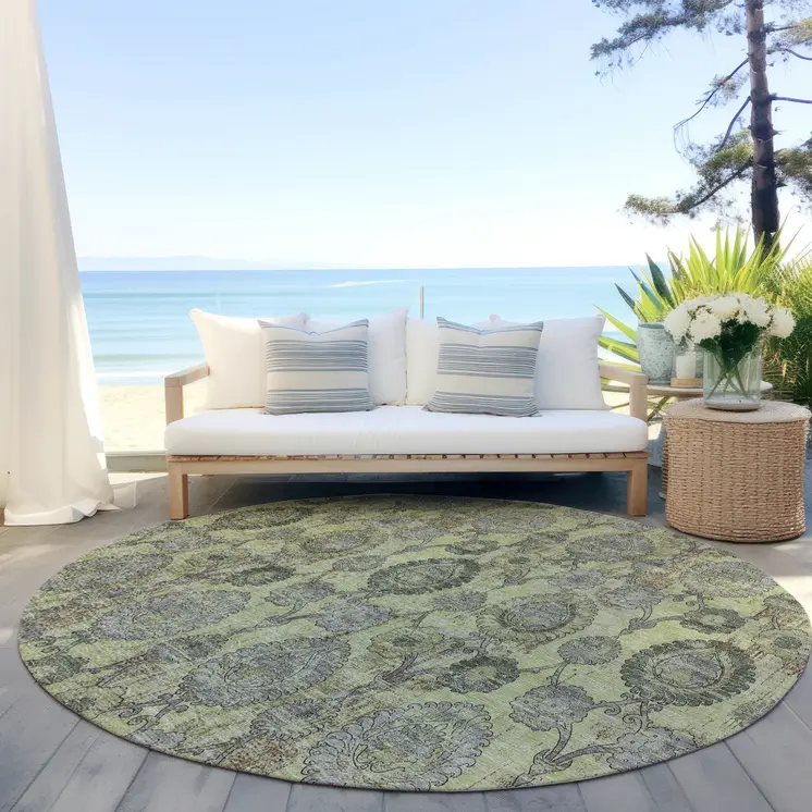 8' Artichoke Green And Gray Round Damask Washable Indoor Outdoor Area Rug