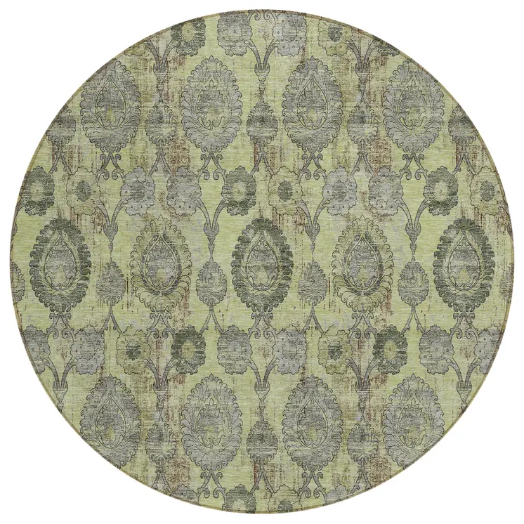 8' Artichoke Green And Gray Round Damask Washable Indoor Outdoor Area Rug