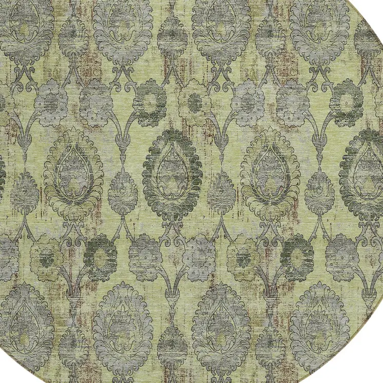 8' Artichoke Green And Gray Round Damask Washable Indoor Outdoor Area Rug