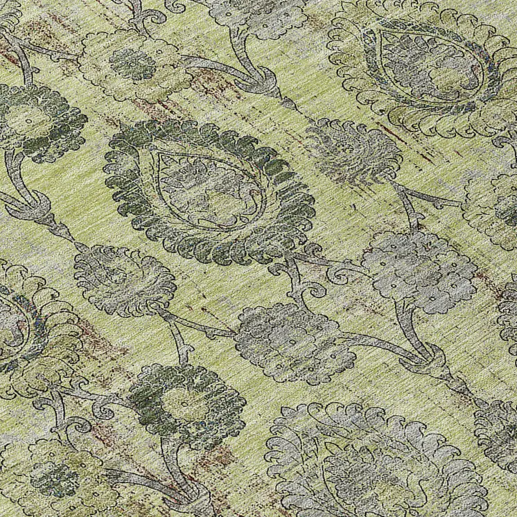 8' Artichoke Green And Gray Round Damask Washable Indoor Outdoor Area Rug