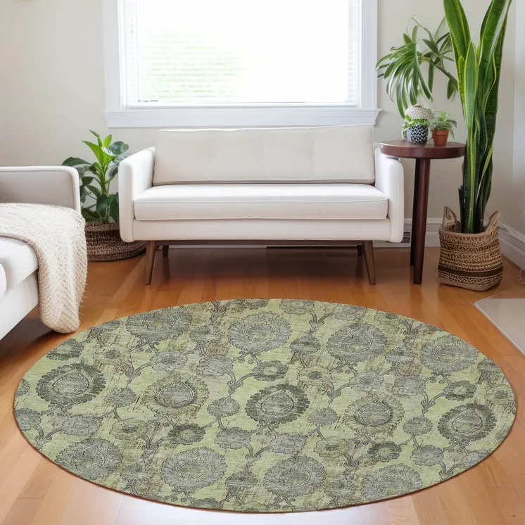 8' Artichoke Green And Gray Round Damask Washable Indoor Outdoor Area Rug