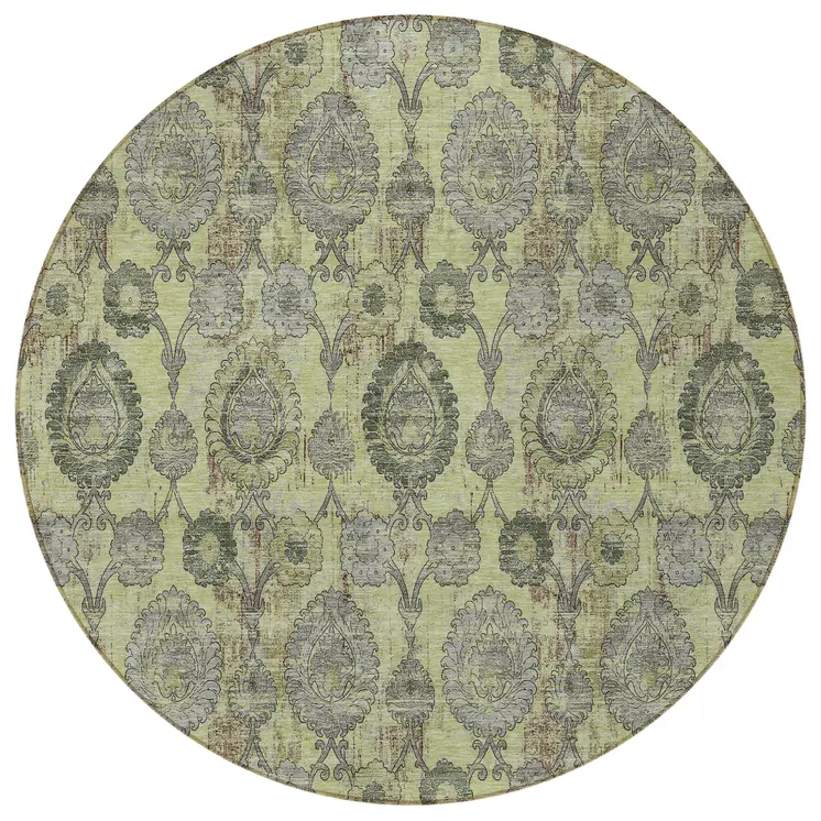 8' Artichoke Green And Gray Round Damask Washable Indoor Outdoor Area Rug