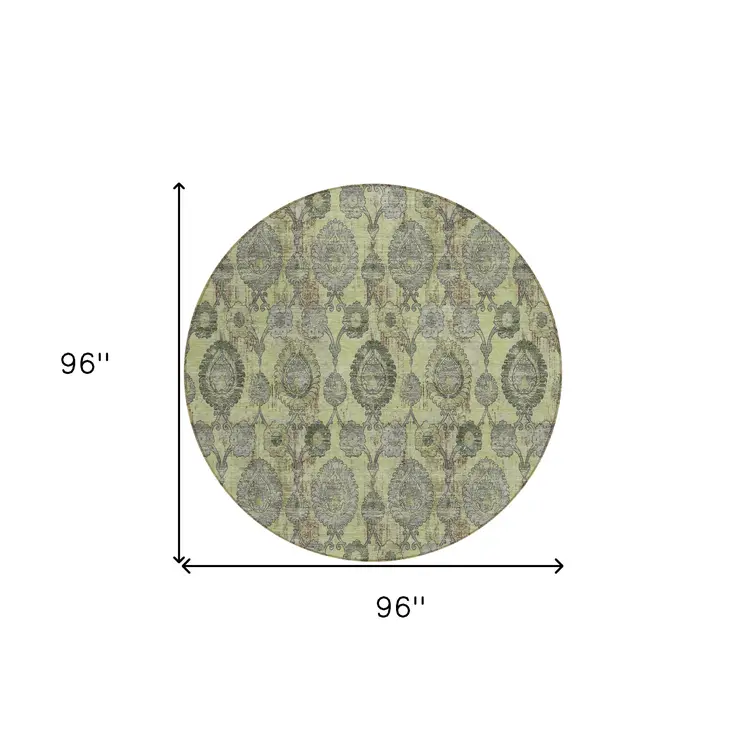 8' Artichoke Green And Gray Round Damask Washable Indoor Outdoor Area Rug