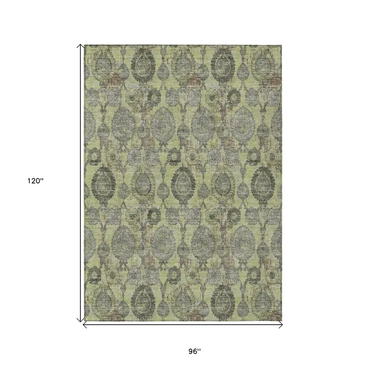 8' X 10' Artichoke Green And Gray Damask Washable Indoor Outdoor Area Rug
