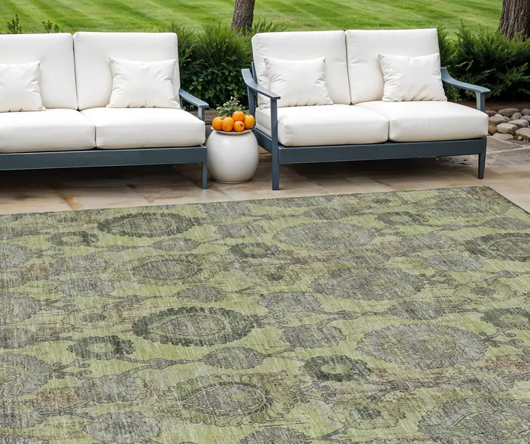 9' X 12' Artichoke Green And Gray Damask Washable Indoor Outdoor Area Rug