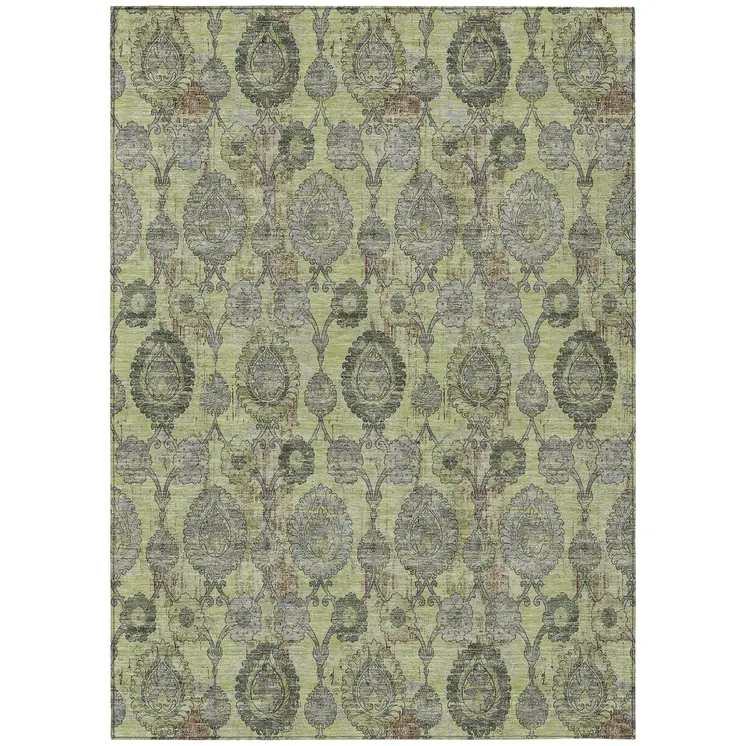 9' X 12' Artichoke Green And Gray Damask Washable Indoor Outdoor Area Rug