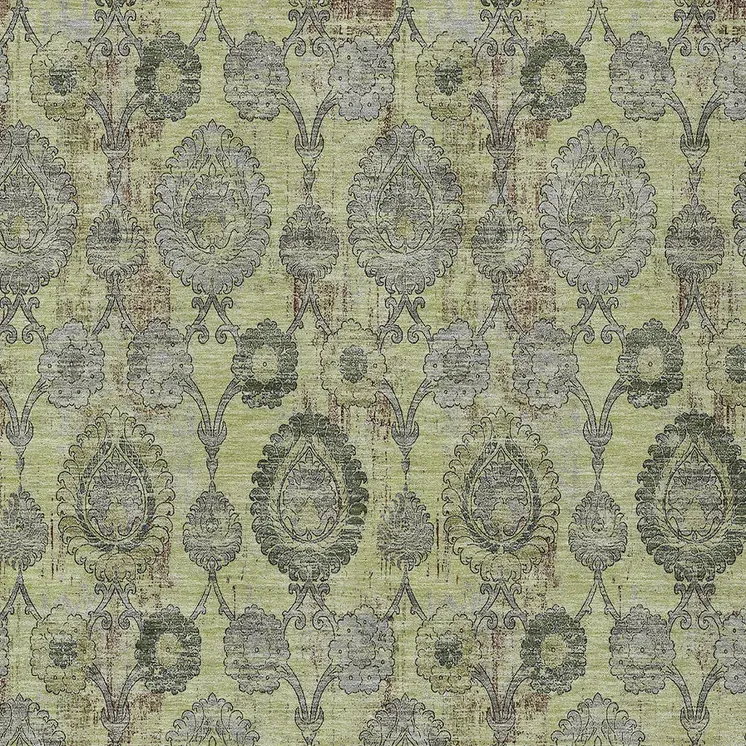 9' X 12' Artichoke Green And Gray Damask Washable Indoor Outdoor Area Rug