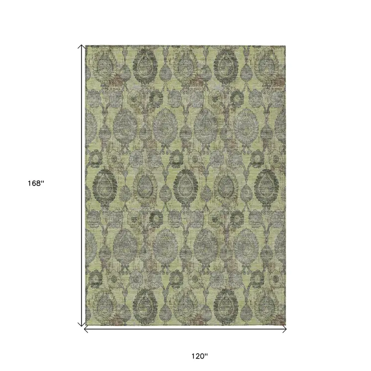 10' X 14' Artichoke Green And Gray Damask Washable Indoor Outdoor Area Rug