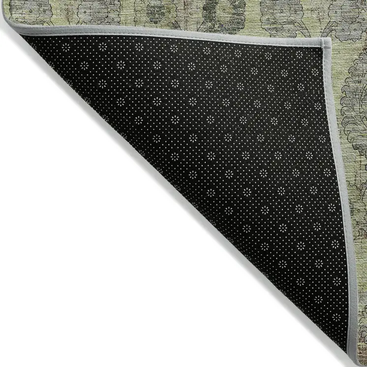 10' X 14' Artichoke Green And Gray Damask Washable Indoor Outdoor Area Rug