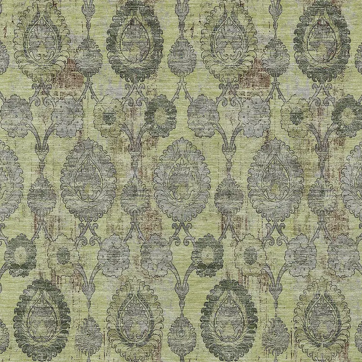 10' X 14' Artichoke Green And Gray Damask Washable Indoor Outdoor Area Rug