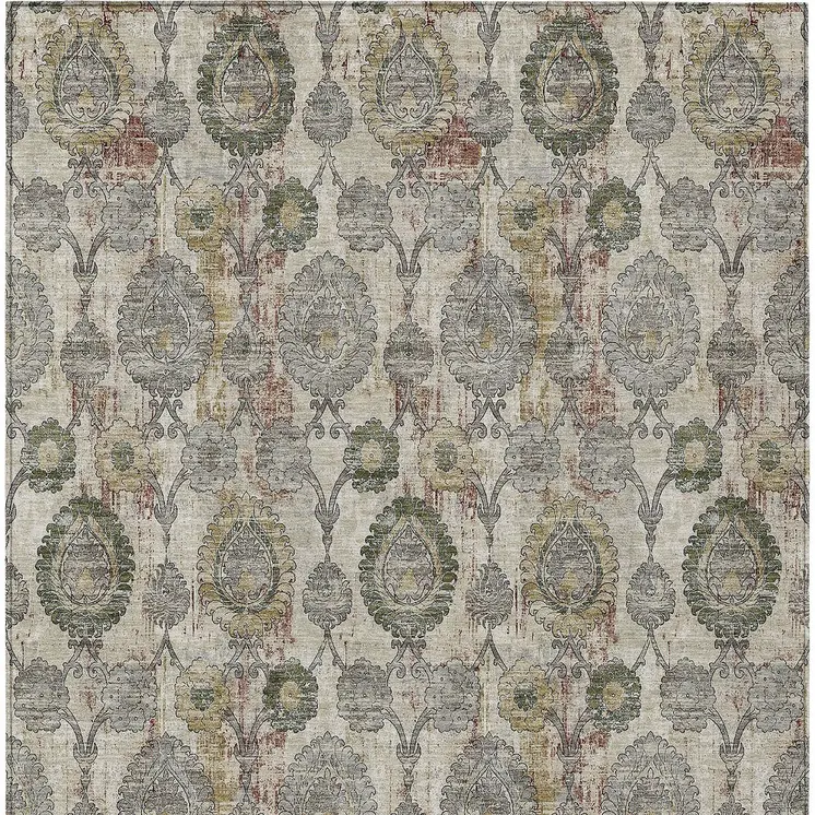 5' X 8' Beige Taupe And Green Damask Washable Indoor Outdoor Area Rug