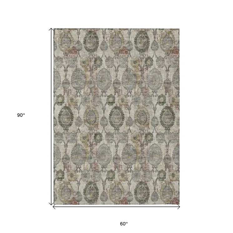 5' X 8' Beige Taupe And Green Damask Washable Indoor Outdoor Area Rug