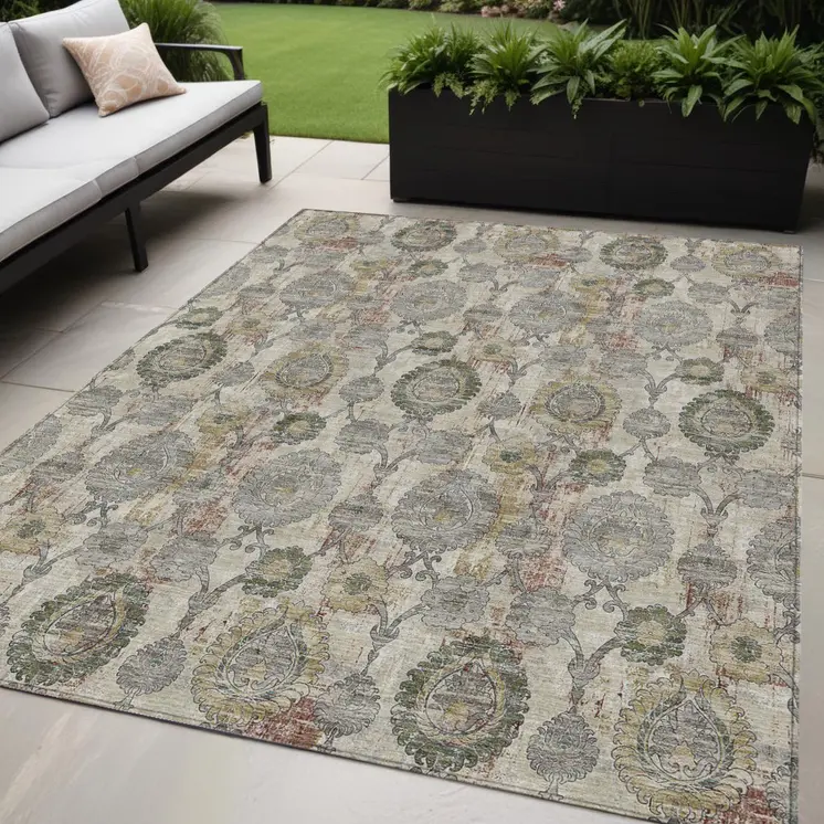 5' X 8' Beige Taupe And Green Damask Washable Indoor Outdoor Area Rug