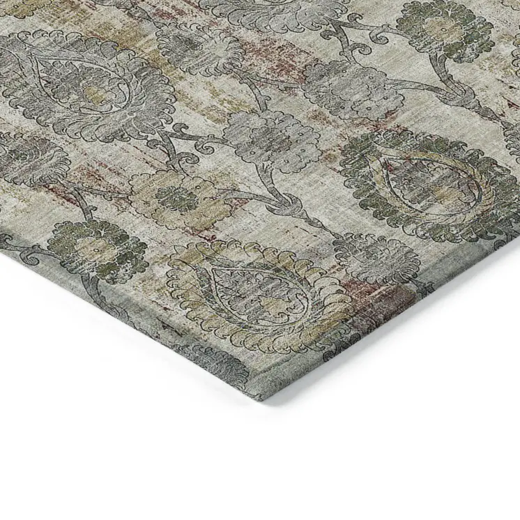 5' X 8' Beige Taupe And Green Damask Washable Indoor Outdoor Area Rug