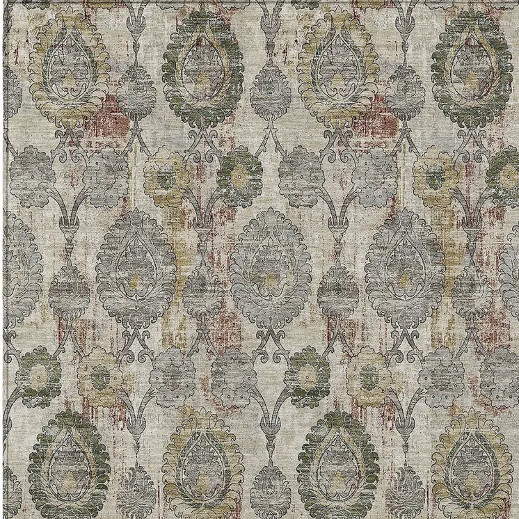 5' X 8' Beige Taupe And Green Damask Washable Indoor Outdoor Area Rug